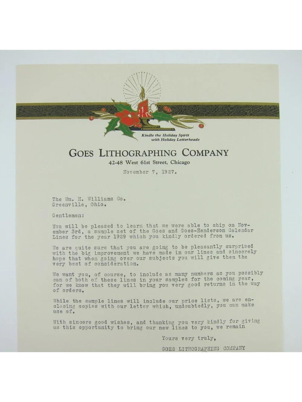 Vintage 1927 Christmas Stationery Sample Candle Poinsettia Goes Lithography Co